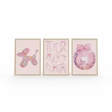 Quadros decorativos Laços rosas, bola de discoteca, preppy rosa fofos (3 peças)
