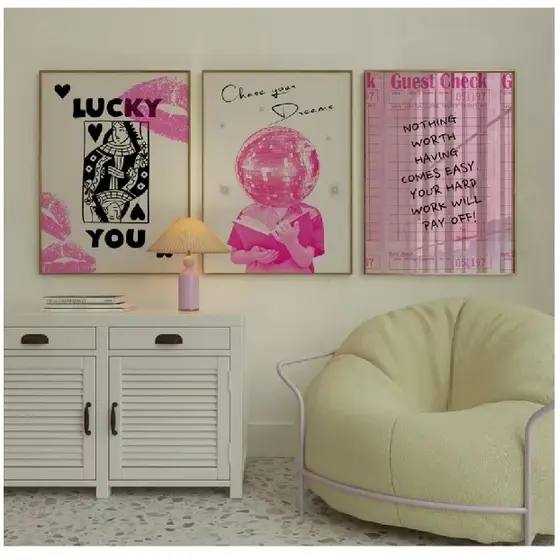 Quadros decorativos Moda colorida vanguardista cartaz rosa Carta beijo (3 peças)
