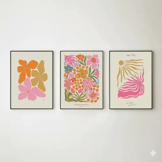 Quadros decorativos Estética Flor rosa do vintage (3 peças)