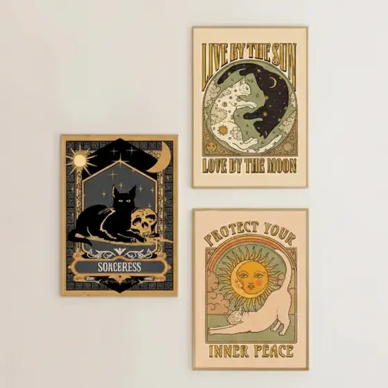 Quadros decorativos Gato abstrato vintage tarô os amantes sol lua ilustração (3 peças)
