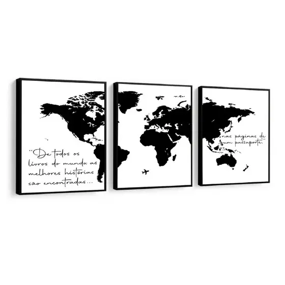 Quadro decorativo mosaico Mapa mundi e escritos (3 peças)