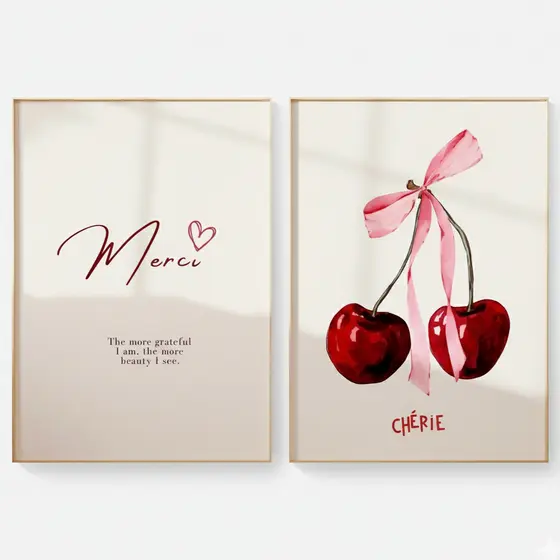 Quadros decorativos Merci Cereja Laço Chérie (2 peças)