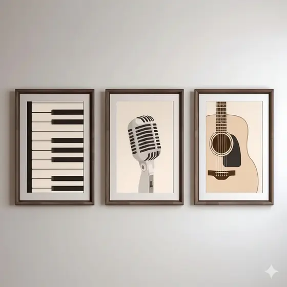 Quadros decorativos Retrô de Música com Guitarra Piano e Microfone Arte Ilustrada (3 peças)