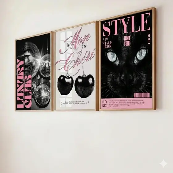 Quadros decorativos Luxury Club Cereja Gato Preto Style (3 peças)