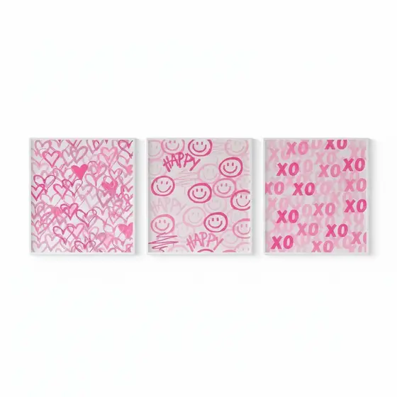 Quadros decorativos Xoxo e desenhos rosas (3 peças)