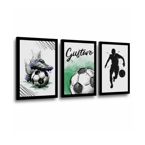 Quadros decorativos personalizados com nome Futebol jogador quarto MANDAR NOME NO CHAT (3 peças)