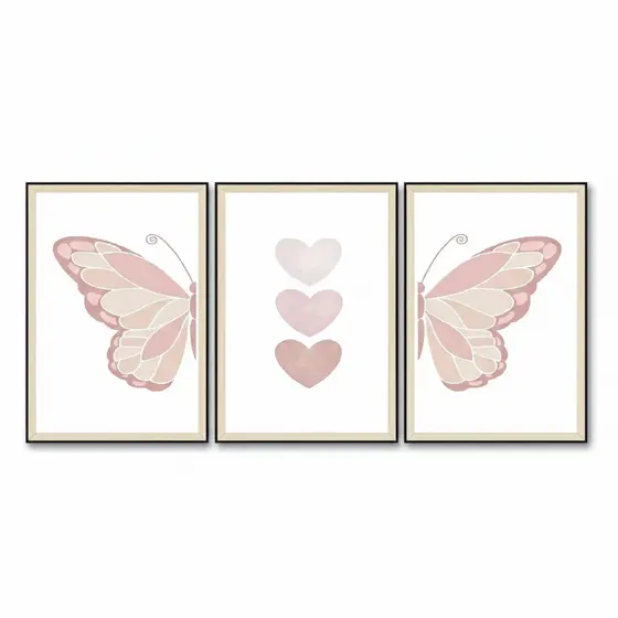 Quadros decorativos Borboleta asas mosaico rosa (3 peças)