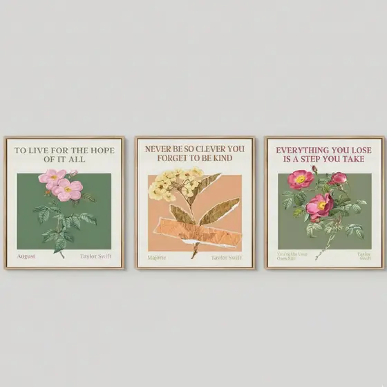 Quadros decorativos Taylor Swift Músicas flores (3 peças)