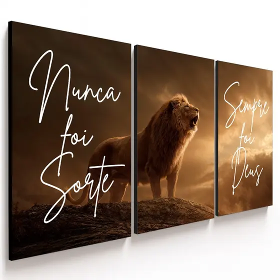 Quadros decorativos Leão Rugindo "Nunca Foi Sorte, Sempre Foi Deus" (3 peças)