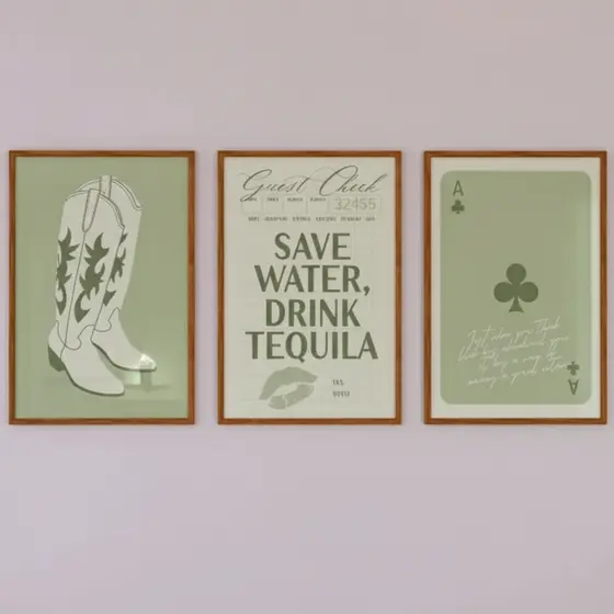 Quadros decorativos Bota cowgirl, carta e drink tequila em tons de verde (3 peças)