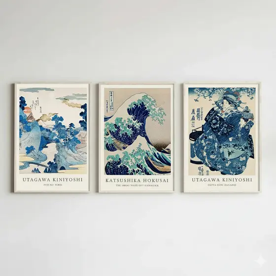 Quadro decorativo Ondas japonesas azuis (3 peças - 40x60)