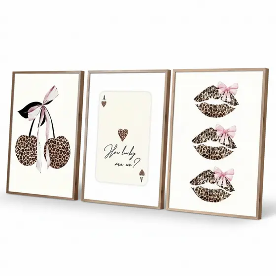 Quadros decorativos Cereja, carta e beijos em estampa de oncinha fofos e elegantes (3 peças)