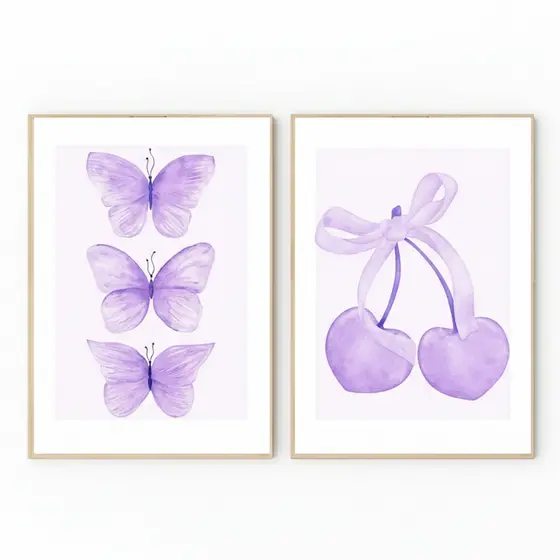 Quadros decorativos Trendy Watercolor Lilás Bows Balloon Puppy (2 peças)