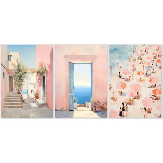 Quadro decorativo Pink Preppy Beach Coast Door 40x60 (3 peças)