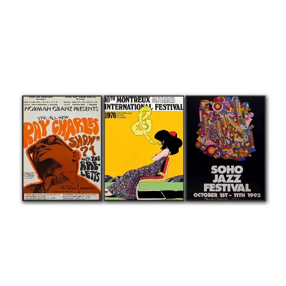 Quadros decorativos Festival de música jazz vintage suíço paris publicidade 1970 arte (3 peças)