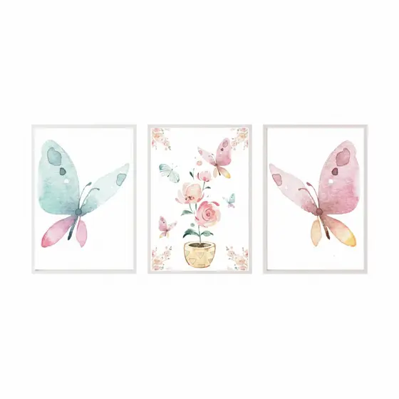 Quadros decorativos aquarelados Flores e borboletas (3 peças)