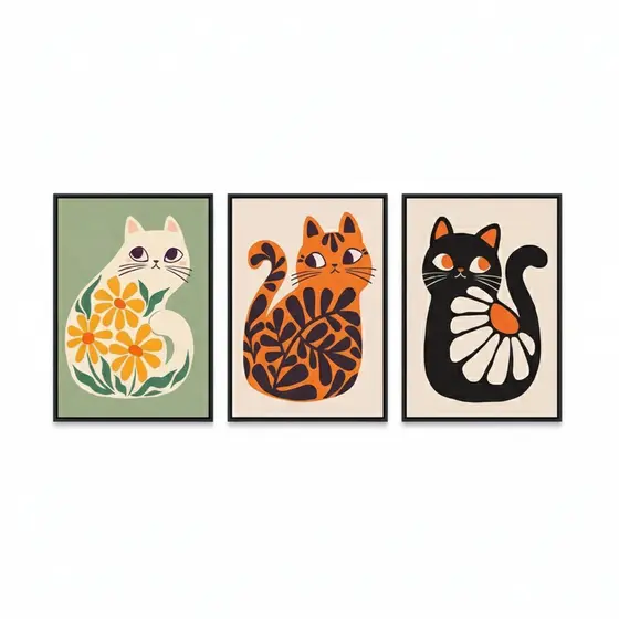 Quadros decorativos Boho cats illustration cores fofas, estampa flor (3 peças)
