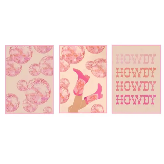 Quadros decorativos Globos espelhados e botas cowgirl em rosa fashion (3 peças)
