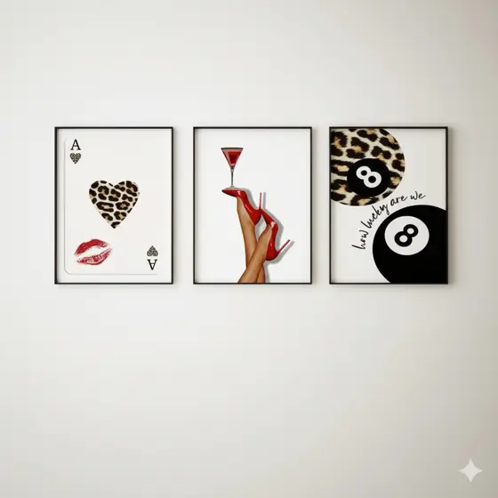 Quadros decorativos Drink sapato detalhes em onça e bola de sinuca (3 peças)
