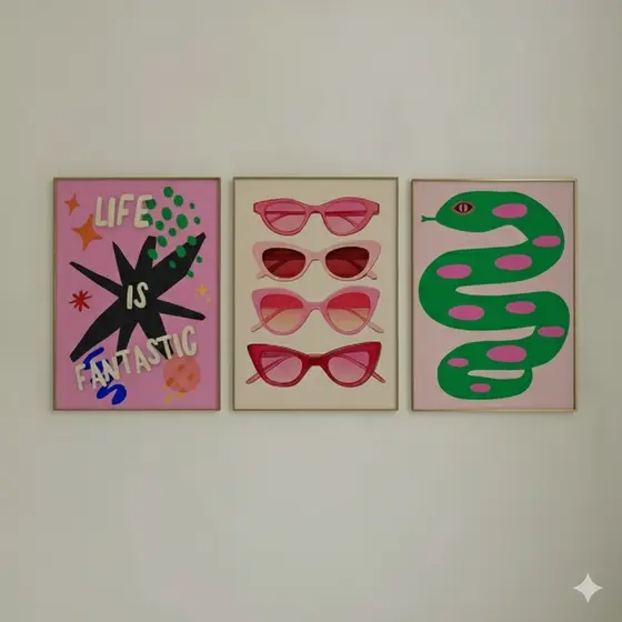 Quadros decorativos Maximalista da moda, rosa quente dopamina, arte (3 peças)