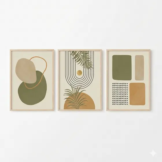 Quadro decorativo Geométrica Folhas Poster Abstrato, Boho Pintura (3 peças 40x60)