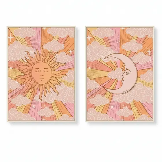 Quadros decorativos Vintage Sun e Moon Wall Art Retro Celestial, Pintura (2 peças)