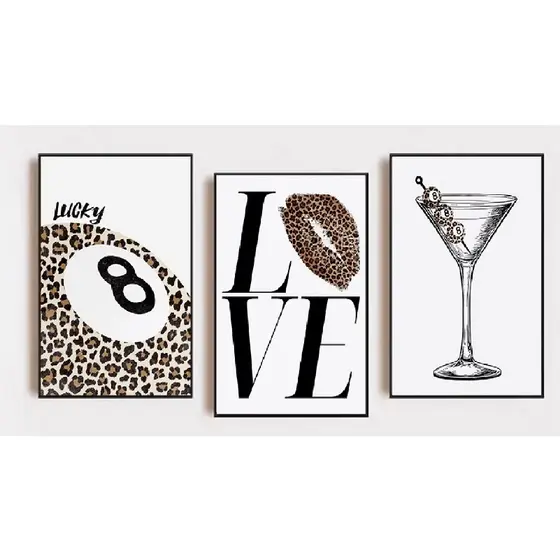 Quadros decorativos Funky sujo martini cocktail & leopardo sorte no.8 bola batom beijo (3 peças)