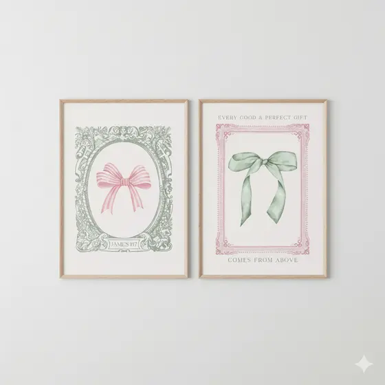 Quadros decorativos Laços Rosa e verde vintage vibes (2 peças)