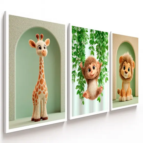 Quadros decorativos Animais Fofos Girafa Macaco Leão Quarto Infantil (3 peças)