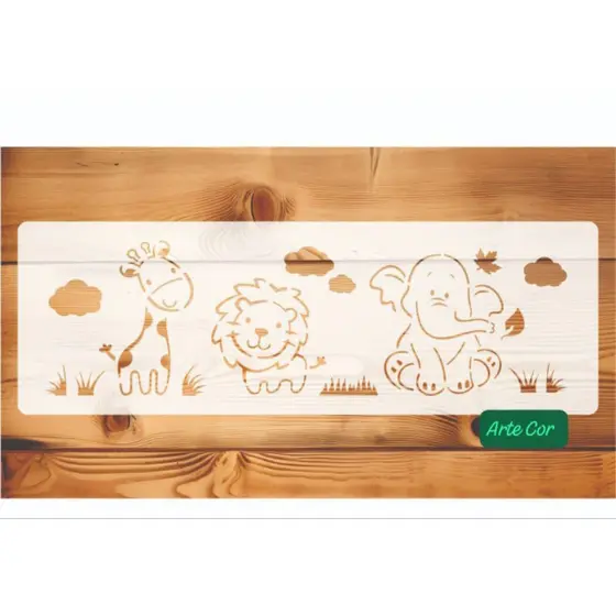 Estencil Safari / 30 x 10 cm / baby leão / elefante / girafa