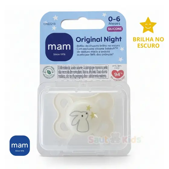 Chupeta MAM 0-6 Meses Night Brilha no Escuro Original Unitária Neutra Bico Silicone