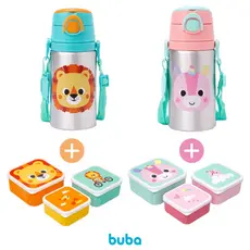 Kit 3 Potes Buba + Garrafinha de Alumínio com Canudo Buba Kit Lanche Escola