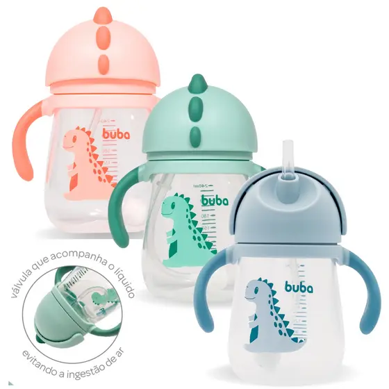 Copo Com Alça Buba Transição Dino Para Bebe Criança Com Canudo Copo de Treinamento Válvula