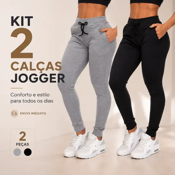 Kit 2 Calça Feminina Cintura Alta Jogger moletinho C/ elastano