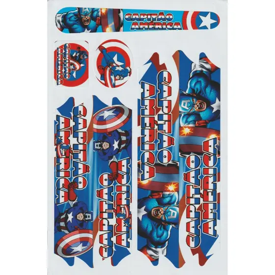 Cartela de Adesivos do Capitão América P/ Bicicleta Infantil Aro 12/16/20