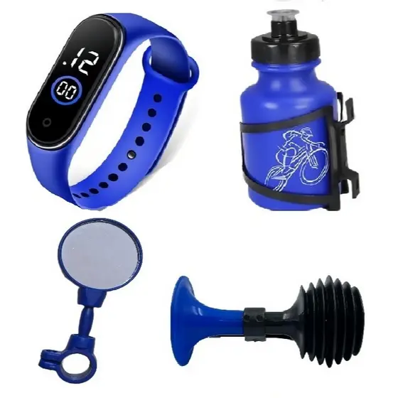 Combo Infantil Azul Relógio Digital Buzina Espelho Garrafinha Bicicleta de Criança Masculino Bike
