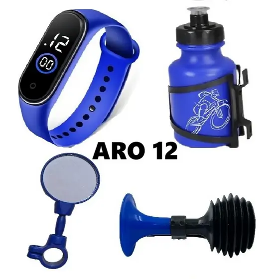 Conjunto Criança Para Aro 12 Azul Relógio Buzina Espelho Garrafinha Bicicleta Estilo Bike Masculino