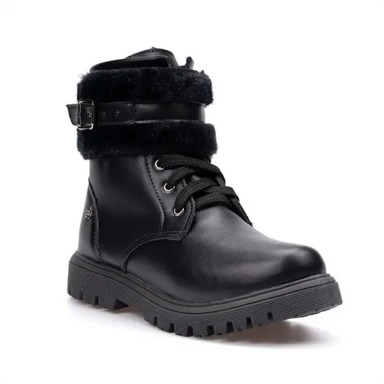 Bota Coturno Infantil Menina Fashion Tratorado Cano Curto com Cadarço Pelúcia Fivela Confortável