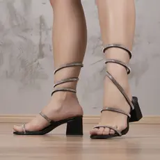 Sandália Feminina Domidona Salto Grosso Bloco Confortável Espiral Strass Moda Elegante
