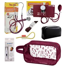 Kit Material de Enfermagem Aparelho Pressão com Estetoscópio Rappaport Duplo + Termômetro + Nécessaire