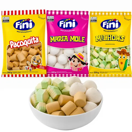 Kit Fini Marshmallow's Doces Festa Junina Maria Mole, Milhows e Paçoquita 200g Cada Edição Limitada