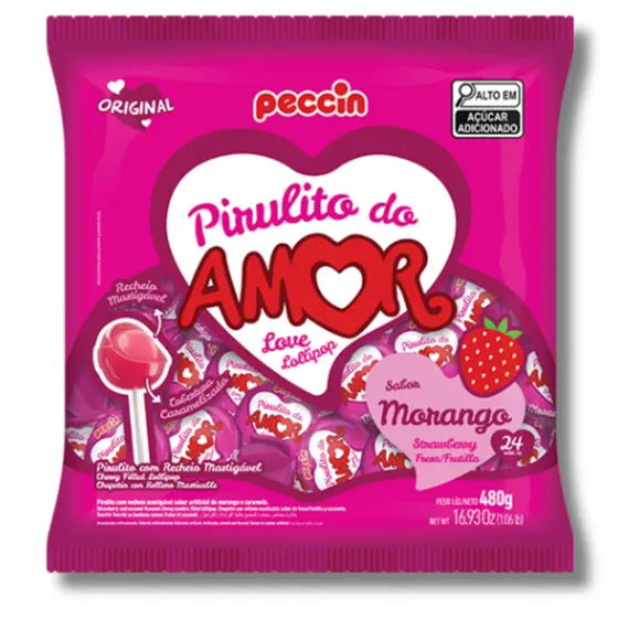 Pirulito Morango Do Amor C/24 Unidades 480g Peccin