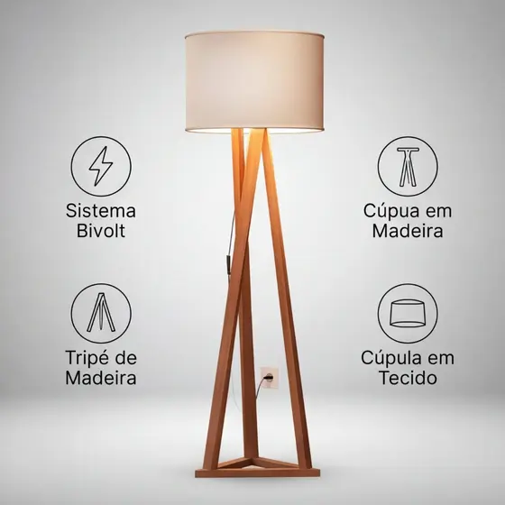 Luminária Chão Tripé Madeira Cúpula Abajur Sala Quarto Escritório Moderna Elegante Decorativa