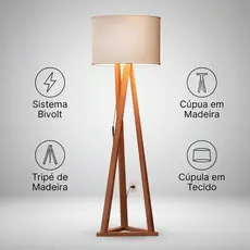 Luminária Chão Tripé Madeira Cúpula Abajur Sala Quarto Escritório Moderna Elegante Decorativa