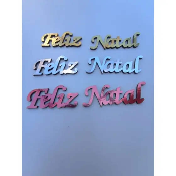 Kit 10 apliques palavra Feliz Natal em MDF espelhado Dourado/Prata/Vermelho 15cm x 3,5cm