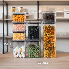 Conjunto 8 Potes Herméticos Quadrados para Mantimentos Arroz Café Cozinha Organizador de Alimentos