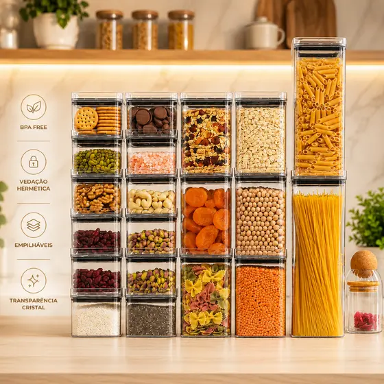 Kit 20 Potes Porta Mantimento Herméticos 2,3litros 1,1litro 500ml Acrílico Empilhável Transparência Cristal Livre de BPA