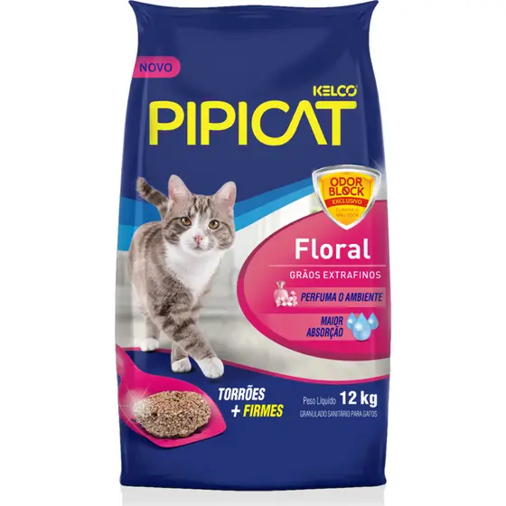 Areia Higiênica Pipicat Floral Perfumada Odor Block 12kg