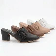 Scarpin Mule Salto Alto Grosso Luxo Bico Fino fivela cor
