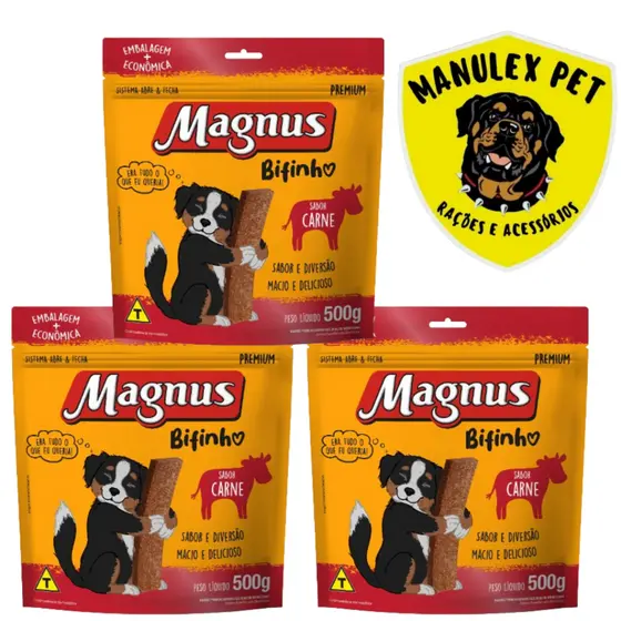 1,5kg - Bifinho Premium Magnus para Cães Sabor Carne, Frango e Carne Pequeno Porte - 500g